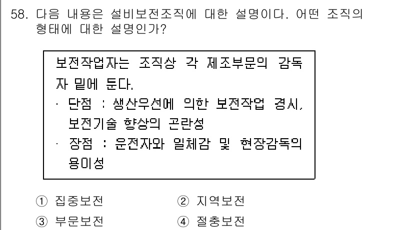 전기기능장 2016년 58번 - 보전작업자는 조직상 각 제조부문의 감독자 역할을 한다. 이는 생산 요소에... 에 관한 핵심 기출문제