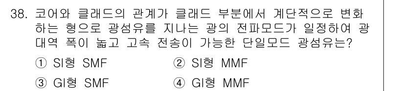 통신설비기능장 2015년 38번 - . 

SI형 SMF는 광섬유의 전파 모드가 정교하게 조절되어, 대역폭이... 에 관한 핵심 기출문제