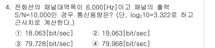 통신설비기능장 2015년 4번 - 통신 용량은 샤논의 공식 \( C = B \log_2(1 + \frac{... 에 관한 핵심 기출문제