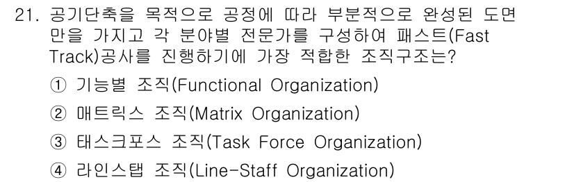 실내건축기사 2017년 22번 - 정답은 3. 태스크포스 조직(Task Force Organization)... 에 관한 핵심 기출문제