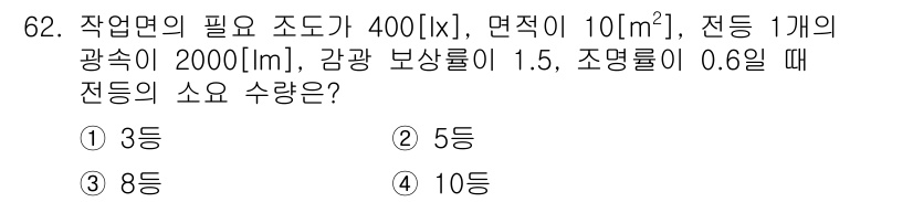 실내건축기사 2017년 63번 - 전등의 수량을 계산할 때, 조도의 요구량과 면적을 곱하여 필요한 밝기를 ... 에 관한 핵심 기출문제