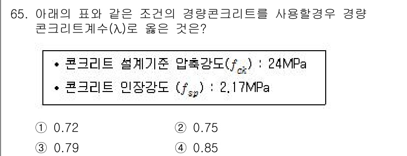 토목기사 2017년 65번 - 압축강도와 인장강도의 비율에 따라 경량 콘크리트의 경량 계수(λ)를 계산... 에 관한 핵심 기출문제