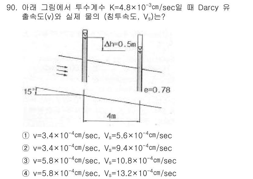 토목기사 2017년 90번 - Darcy 유출속도(Vs)는 다음 식으로 계산됩니다:

\[ Vs = -... 에 관한 핵심 기출문제