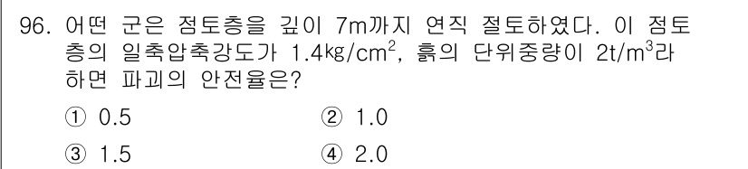 토목기사 2017년 96번 - 주어진 조건에서 피뢰기의 안정성을 판단하기 위해서는 점토층의 일축압축강도... 에 관한 핵심 기출문제