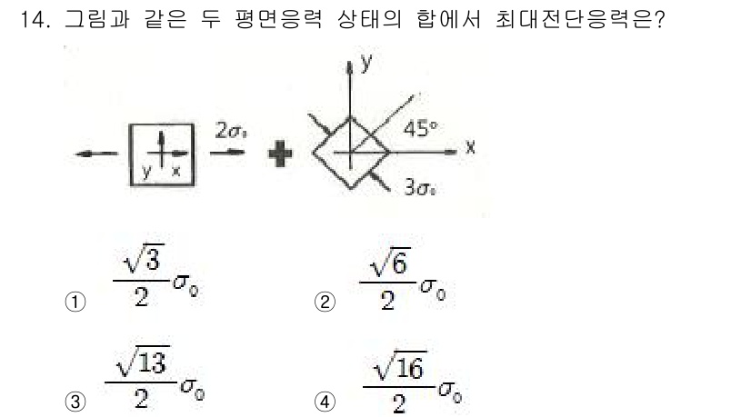 일반기계기사 2017년 14번 - 문제에서 주어진 평면응력 상태에서 최대 전단 응력은 주응력의 차이를 이용... 에 관한 핵심 기출문제