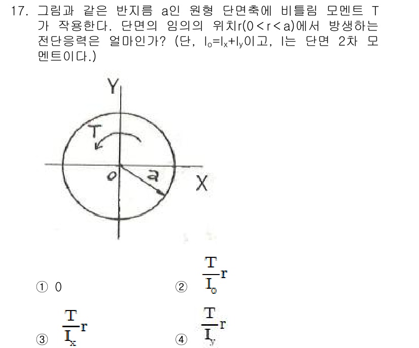 일반기계기사 2017년 17번 - 주어진 문제에서 비틀림 모멘트 T는 고정된 단면에서 전단응력을 발생시킵니... 에 관한 핵심 기출문제