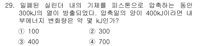 일반기계기사 2017년 29번 - 문제에서 주어진 열 에너지는 300 kJ이고, 압축일의 양은 400 kJ... 에 관한 핵심 기출문제