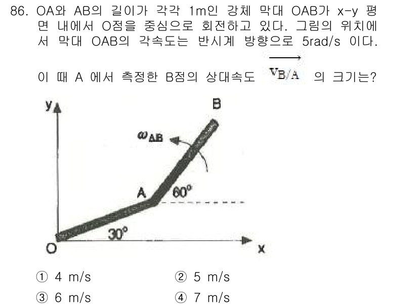 일반기계기사 2017년 87번 - 주어진 문제에서 OAB 삼각형의 각 OAB는 5 rad/s로 주어집니다.... 에 관한 핵심 기출문제