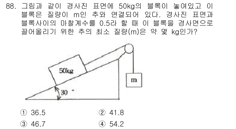 일반기계기사 2017년 89번 - 주어진 문제에서 블록의 질량과 경사면의 마찰계수, 그리고 경사면의 각도를... 에 관한 핵심 기출문제