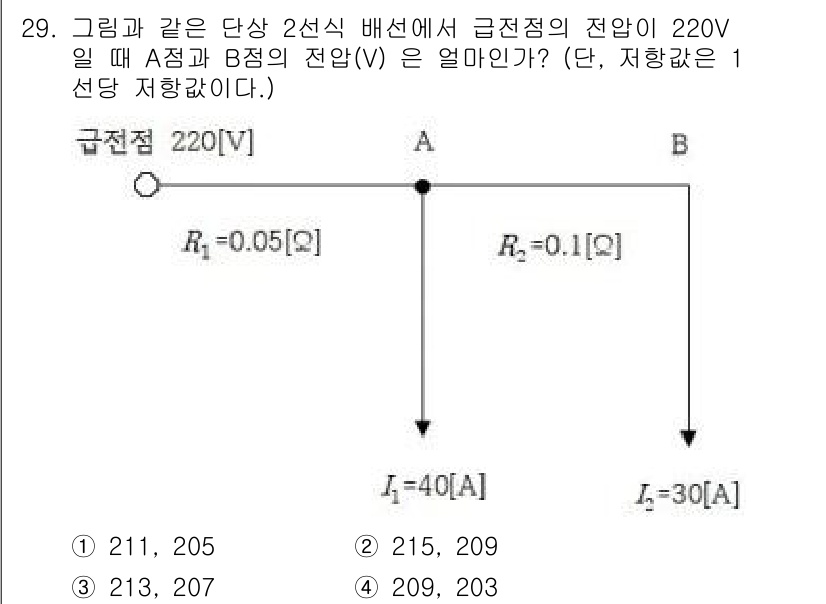 전기공사기사 2017년 29번 - 전기 회로에서 A점과 B점의 전압을 계산하기 위해, 먼저 R1과 R2의 ... 에 관한 핵심 기출문제