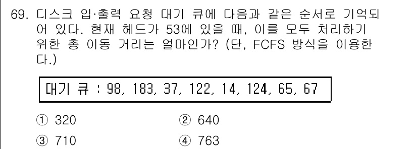컴퓨터시스템기사(A형) 2017년 69번 - 주어진 디스크 큐는 FCFS(First-Come, First-Served... 에 관한 핵심 기출문제