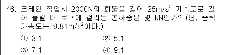 산업안전산업기사 2017년 46번 - kN 단위로 힘을 계산하기 위해, 물체의 질량을 구해야 합니다. 화물의 ... 에 관한 핵심 기출문제