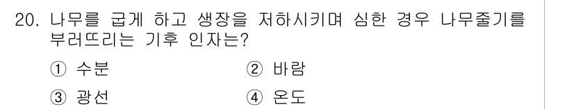 산림기능사 2015년 20번 - 정답은 3번 '광선'입니다. 나무의 성장에는 햇빛이 필수적이므로 광선이 ... 에 관한 핵심 기출문제