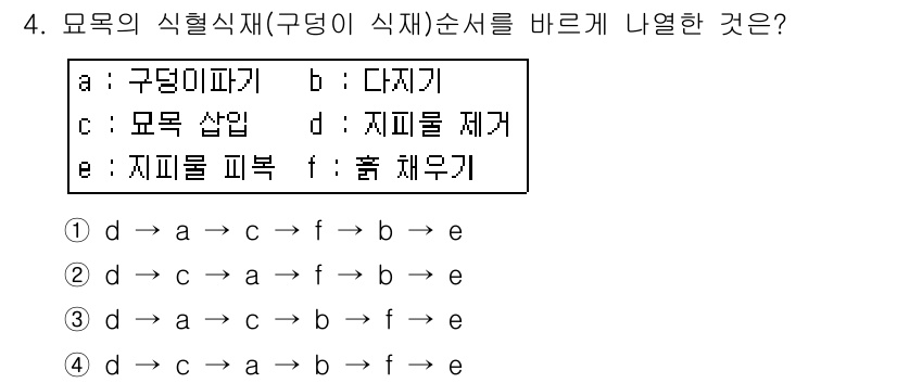 산림기능사 2015년 4번 - 정답은 5번(d)입니다. 모욕의 식혈식재에서 구형이 식재되는 순서는 구형... 에 관한 핵심 기출문제