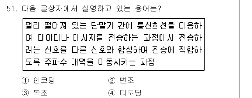 전자상거래운용사 2016년 52번 - . 

해설: 주어진 설명은 데이터 메시지를 전송하는 과정에서 신호를 다... 에 관한 핵심 기출문제