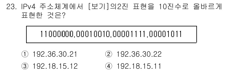 통신설비기능장 2017년 23번 - IPv4 주소 192.36.30.21을 이진수로 변환하면 11000000... 에 관한 핵심 기출문제