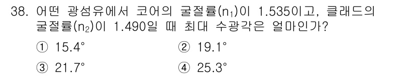 통신설비기능장 2017년 38번 - 주어진 광섬유의 굴절률 \( n_1 \)과 클레라의 굴절률 \( n_2 ... 에 관한 핵심 기출문제