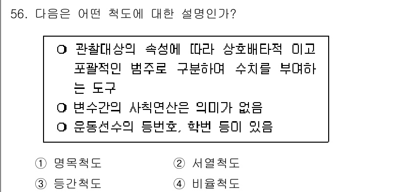 사회조사분석사_2급 2015년 56번 - 주어진 문장은 "관찰 대상의 속성에 따라 상호배타적이고 포괄적인 범주로 ... 에 관한 핵심 기출문제