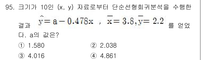 사회조사분석사_2급 2015년 95번 - 주어진 단순선형회귀모형에서 \( y = a - 0.478x \)의 형태로... 에 관한 핵심 기출문제