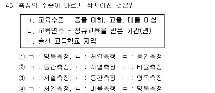 사회조사분석사_2급 2016년 45번 - '교육수준'과 관련하여 '정규교육을 받은 기간(년)'과 '출신 고등학교 ... 에 관한 핵심 기출문제