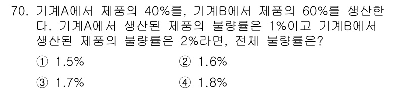 사회조사분석사_2급 2016년 70번 - 전체 불량률은 두 기계에서 생산된 불량품을 고려하여 계산합니다. 기계 A... 에 관한 핵심 기출문제