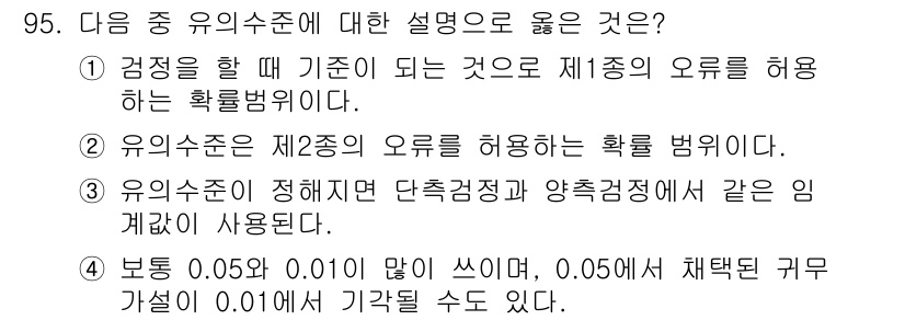 사회조사분석사_2급 2016년 96번 - 유의수준에 대한 설명으로 올바른 것은 ④번입니다. 유의수준 0.05는 제... 에 관한 핵심 기출문제