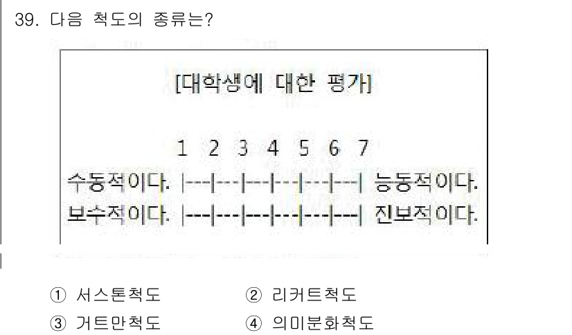 사회조사분석사_2급 2017년 39번 - 정답은 4번 '의미분화척도'입니다. 이 척도는 대학교 생활에 대한 감정을... 에 관한 핵심 기출문제