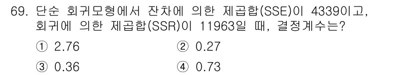 사회조사분석사_2급 2017년 69번 - 잔차 제곱합(SSE)과 회귀 제곱합(SSR)이 주어졌을 때, 결정계수(R... 에 관한 핵심 기출문제