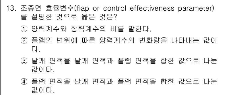 항공산업기사 2016년 13번 - 제어 효과 파라미터로서 플랩은 날개 면적과 밀접하게 연관되며, 플랩의 변... 에 관한 핵심 기출문제