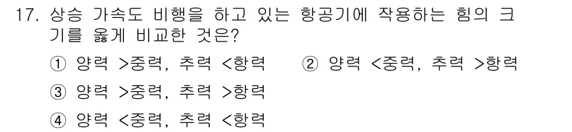 항공산업기사 2016년 17번 - 항공기에서 양력과 중력, 추력과 항력을 비교할 때, 양력과 추력은 비행을... 에 관한 핵심 기출문제