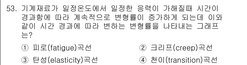 항공산업기사 2016년 53번 - . 크리프(creep)  

크리프는 재료가 지속적인 하중을 받을 때 시... 에 관한 핵심 기출문제