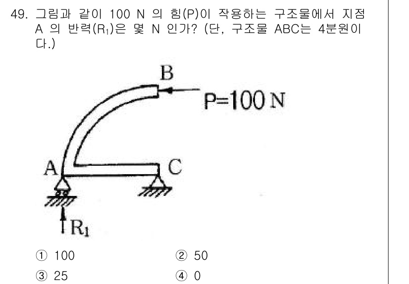 항공산업기사 2017년 49번 - 문제에서 주어진 힘 P가 구조물 ABC에 작용할 때, 점 A에서의 반력을... 에 관한 핵심 기출문제