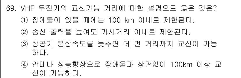 항공산업기사 2017년 69번 - VHF 무전기의 통신 거리는 장애물이 있을 경우 100 km 이내로 제한... 에 관한 핵심 기출문제