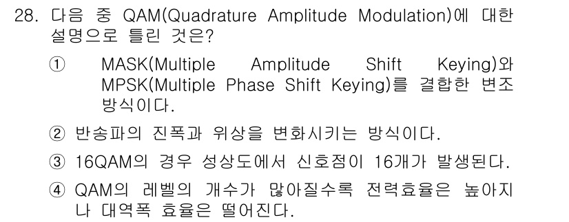 무선설비기사 2017년 28번 - QAM(Quadrature Amplitude Modulation)은 여러... 에 관한 핵심 기출문제