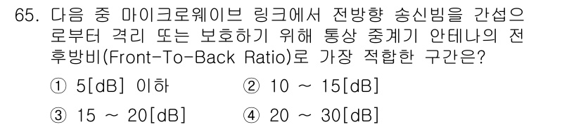 무선설비기사 2017년 65번 - 정답 4번인 20 ~ 30[dB]은 전후방 비율(Front-to-Back... 에 관한 핵심 기출문제