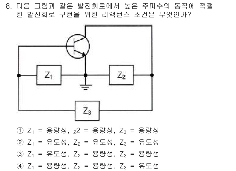 무선설비기사 2017년 8번 - Z1은 유도성, Z2는 유도성, Z3은 용량성일 때, 발진 회로에서 발생... 에 관한 핵심 기출문제