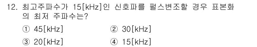 무선설비산업기사 2017년 12번 - 최고주파수 15[kHz] 신호를 펄스변조할 경우, 표본화 주파수는 나이퀴... 에 관한 핵심 기출문제