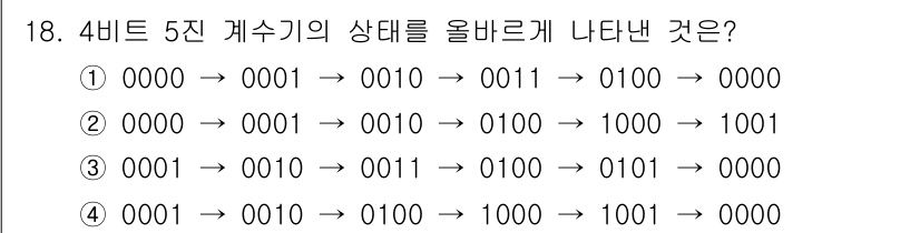 무선설비산업기사 2017년 18번 - 해설: 해당 질문은 4비트 5진 계수기의 상태 전이를 보여줍니다. 5진수... 에 관한 핵심 기출문제