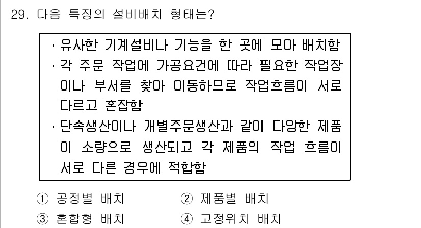 설비보전산업기사 2015년 29번 - . 

설비 배치는 작업 효율성을 극대화하고 작업 흐름을 원활하게 하기 ... 에 관한 핵심 기출문제