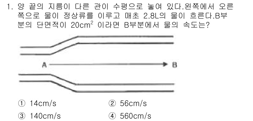 설비보전산업기사 2016년 1번 - 문제에서 주어진 정보에 따라 흐름의 연속성과 베르누이 원리를 적용하면, ... 에 관한 핵심 기출문제