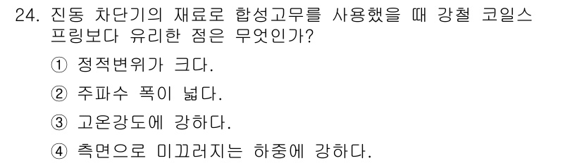 설비보전산업기사 2017년 24번 - . 

진동 차단기의 재료는 강철 코일 스프링보다 더 뛰어난 능력을 보여... 에 관한 핵심 기출문제