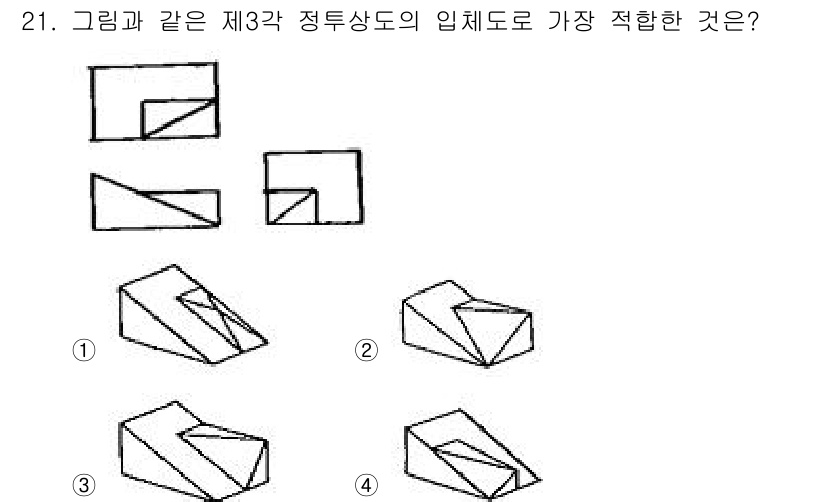 기계설계산업기사 2015년 21번 - 제3각 정투상도의 임체도에서 각 변이 정확하게 나타나야 합니다. 선택지 ... 에 관한 핵심 기출문제