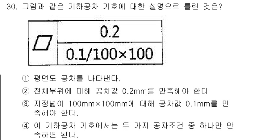 기계설계산업기사 2015년 30번 - 기하공차 기호에서 "0.2"는 해당 평면에 대한 허용 공차를 나타내며, ... 에 관한 핵심 기출문제