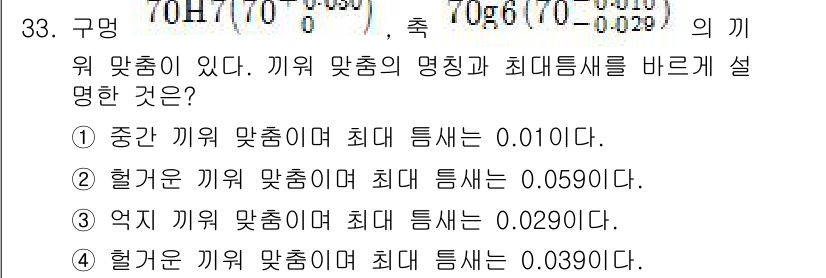 기계설계산업기사 2015년 33번 - 정답인 3번은 '억지 끼워 맞춤'으로 최대 틈새가 0.0290이라는 설명... 에 관한 핵심 기출문제