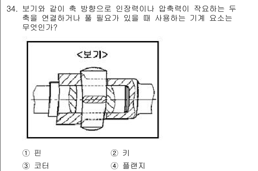 기계설계산업기사 2015년 34번 - . 플랜지

해설: 플랜지는 두 축을 연결하거나 압력이나 인장력을 분산시... 에 관한 핵심 기출문제