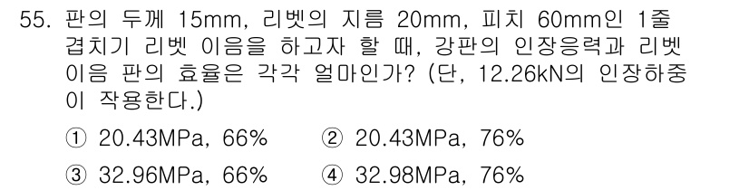 기계설계산업기사 2015년 55번 - 주어진 조건에서 리벳의 지름과 피치, 강판의 인장강도를 고려하여 리벳의 ... 에 관한 핵심 기출문제