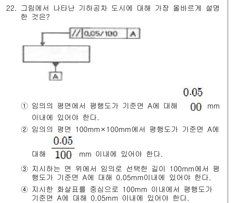 기계설계산업기사 2017년 22번 - 문제에서 제시된 도식은 기하공차의 평행도를 설명하고 있습니다. 정답인 2... 에 관한 핵심 기출문제