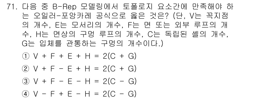 기계설계산업기사 2017년 71번 - B-Rep 모델링에서 토폴로지 요소는 오일러-포앙카레 공식을 만족해야 하... 에 관한 핵심 기출문제