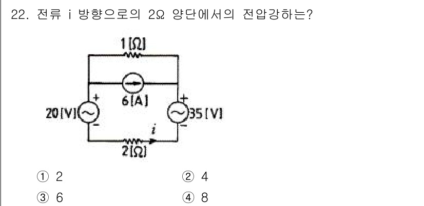 전자기사 2016년 22번 - 이 회로에서 2Ω 저항에 흐르는 전류를 구하기 위해 옴의 법칙을 적용합니... 에 관한 핵심 기출문제
