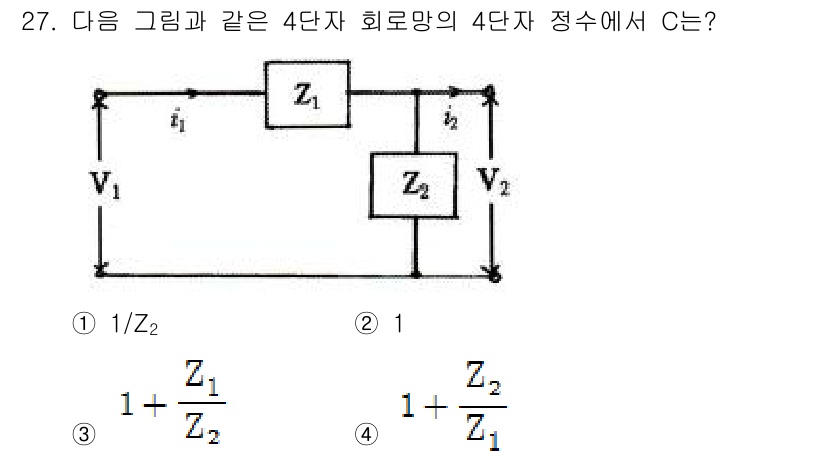 전자기사 2016년 27번 - 문제에서 주어진 회로는 두 개의 임피던스 \( Z_1 \)과 \( Z_2... 에 관한 핵심 기출문제